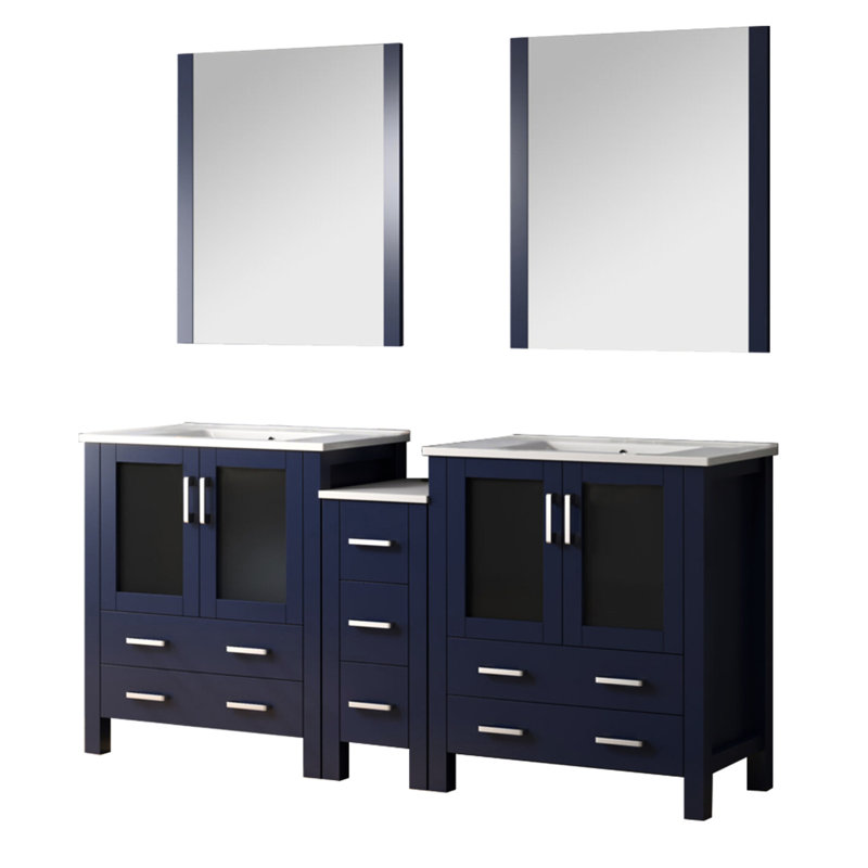 Bleu marine 72 po Meuble-lavabo double pour salle de bain, armoires latérales, comptoir en céramique blanche, 28 miroirs, mécanisme de fermeture en douceur, baignoire longue durée, bleu, comptoir, fermeture, rangement à sept tiroirs