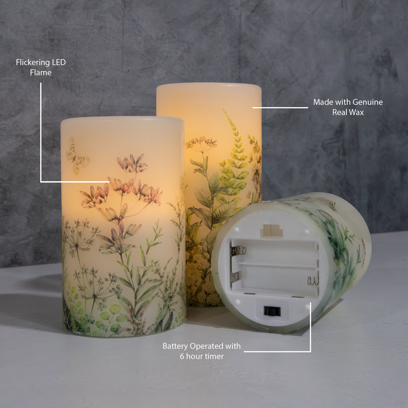 Bougies en cire à piles avec motif floral - 3 unités