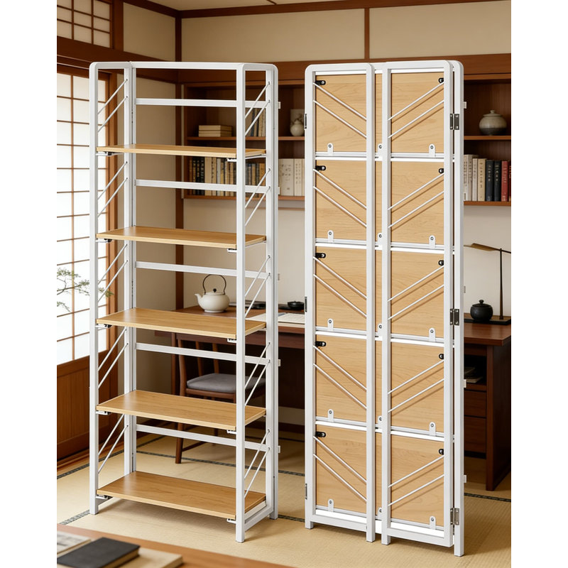 Bibliothèque pliante à 5 niveaux, sans assemblage requis avec design industriel, étagères de rangement robustes pour l'organisation du bureau personnel