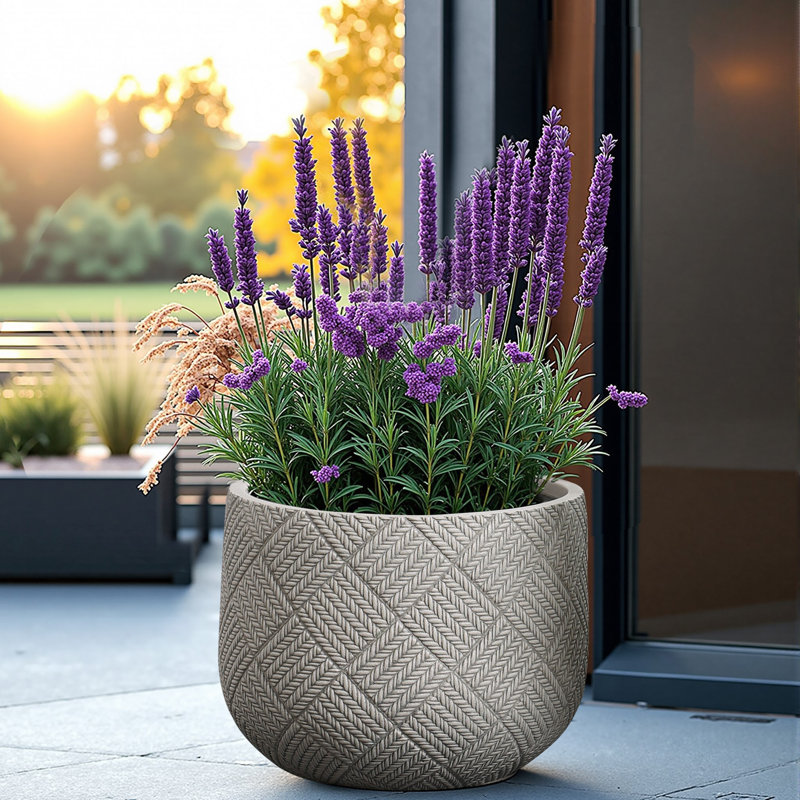 Misty Gray Glen Pattern MgO Round Planter, Indoor and Outdoor, 13.6" H x 17.5" W x 17.5" D