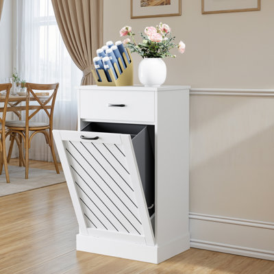 Armoire à poubelle cachée 17 gallons Tilt-Out, armoire de cuisine cachée avec tiroir de rangement, armoire à déchets en bois résistante aux animaux de compagnie pour la cuisine, la buanderie et le salon, blanc