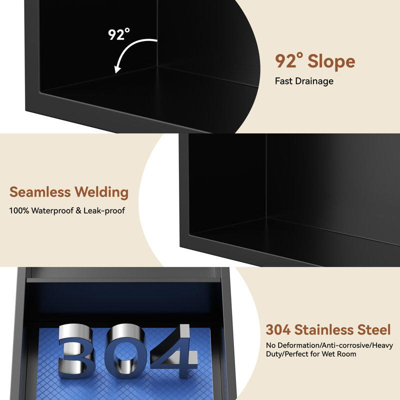 Niche de douche arquée 12 "x 24" en acier inoxydable avec tablettes doubles, Matte Black