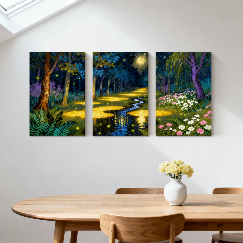 Abstrait forêt enchantée, paysage nocturne avec étoiles et fleurs, ensemble de 3 impressions sur toile, H 18 po x l 36 po