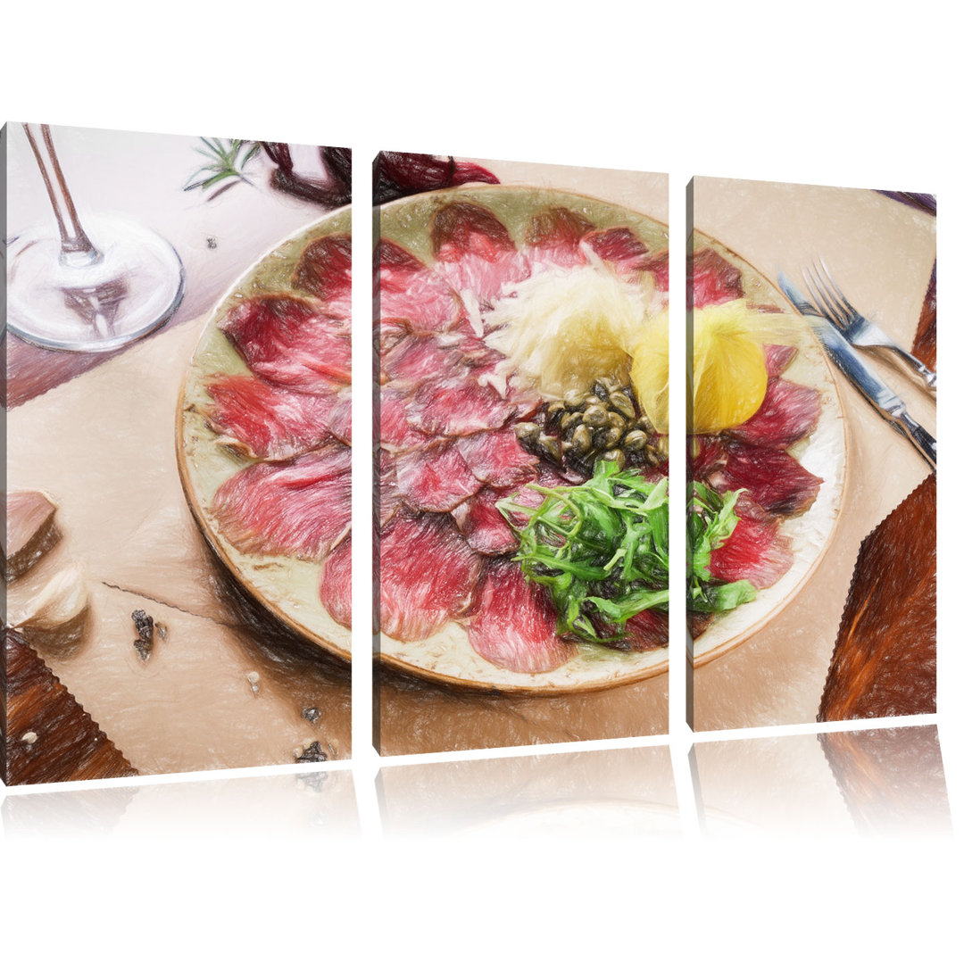 3-tlg. Leinwandbilder-Set „Appetitliches Carpaccio“, Grafikdruck