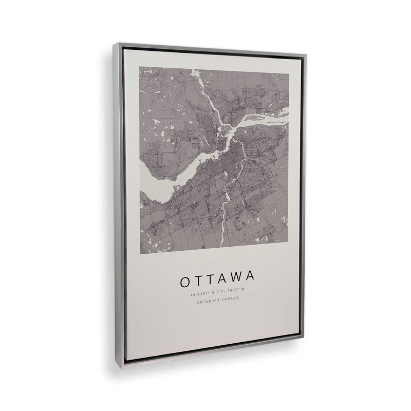 Ottawa Street Map, reproduction d'art sur toile, 32 po x 48 po, Cadre flottant en chrome poli