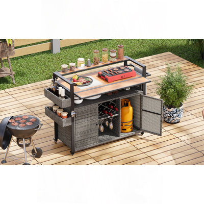 52.8"W Wicker Outdoor Grill Cart With Extended Plastic Wood Table Top, Rolling Kitchen Island On Wheels With Storage Cabinet, For Patio Backyard Garden Poolside, Double Handle Design
