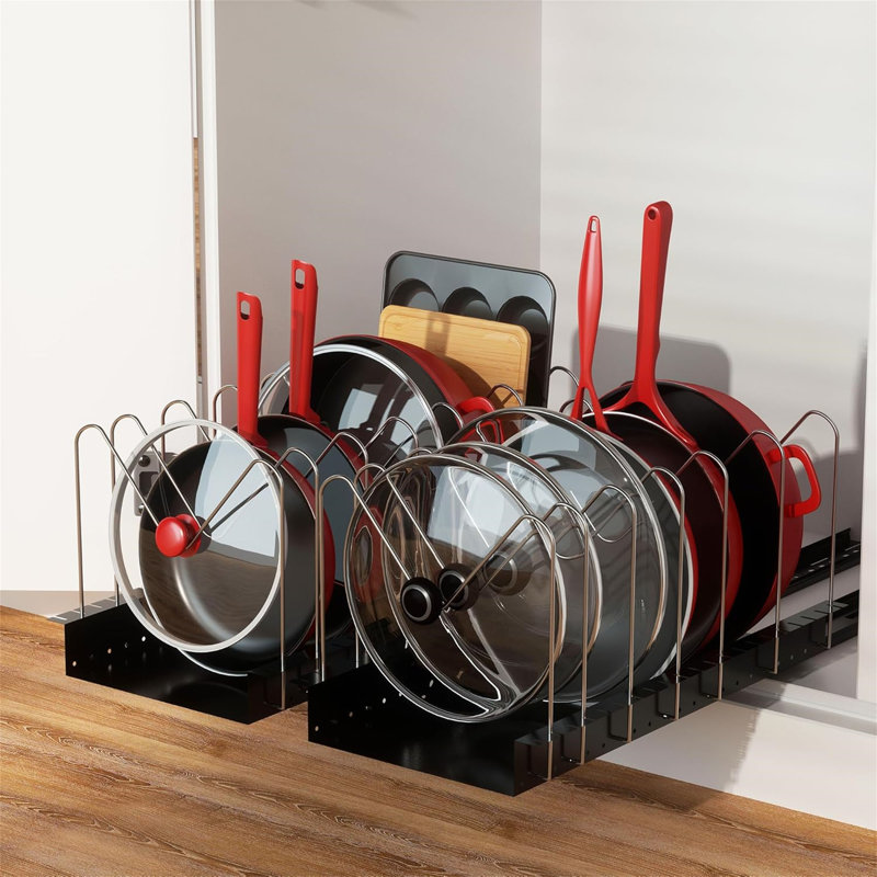 Two-piece cabinet pull-out pot rack with sliding design, suitable for storing pot lids, bakeware and pans, space-saving, practical and convenient.