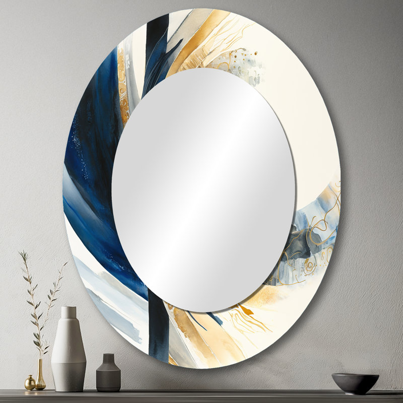 Blue And Gold Swirl Abstract IV - Modern Oval Wall Mirror, 43" x 33"