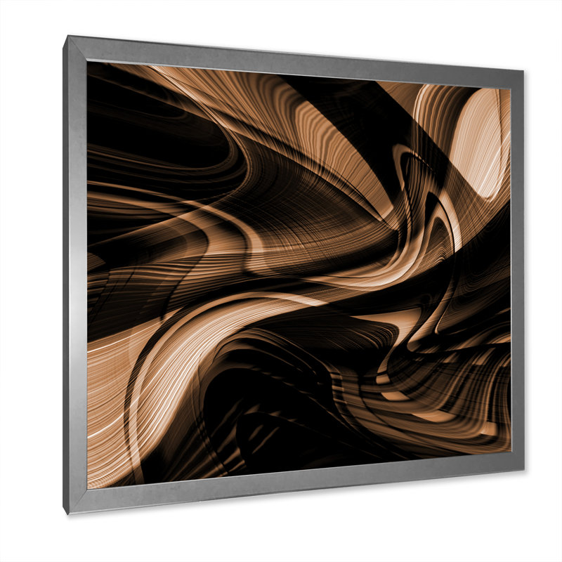 Art abstrait abstrait vague brune - art mural moderne sur toile, H 16 po x l 16 po x P 1 po, Cadre photo argenté