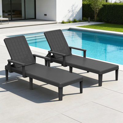 Set of 2 Outdoor Resin Chaise Lounge Chairs with Armrests, 5-Position Adjustable Reclining Patio Loungers
