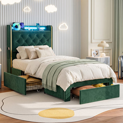 Cadre de lit simple XL de 125 cm de haut avec tiroirs de rangement, lit plateforme recouvert de velours avec tête de lit à oreilles et rangement intégré, éclairage DEL et station de recharge, sommier non requis, silencieux, écologique
