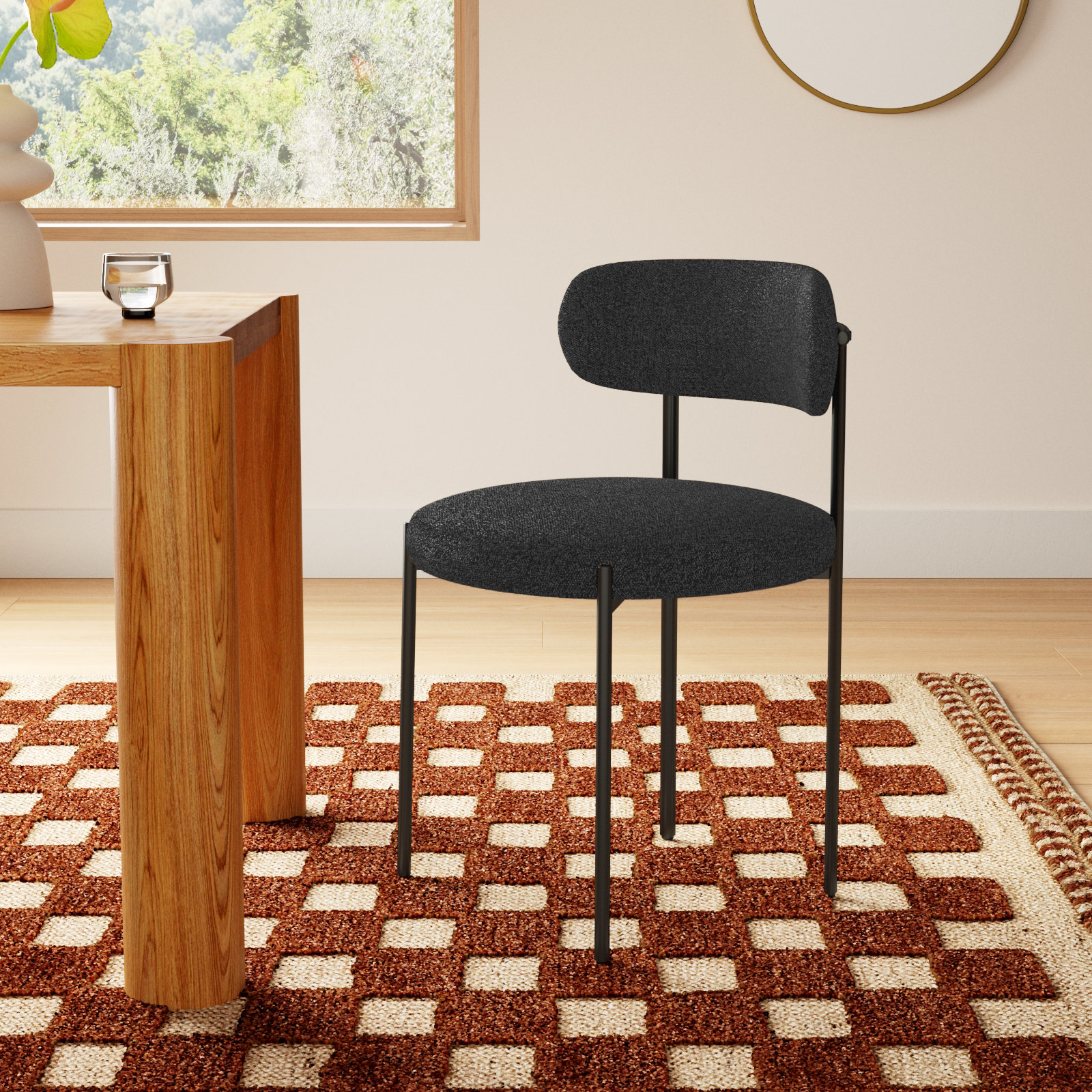 Sherwood Dining Chair, Black Boucle, Matte Black