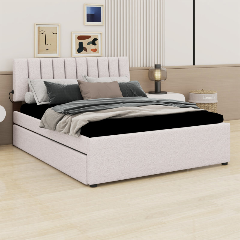 Lit plateforme tapissier avec lit gigogne, Beige