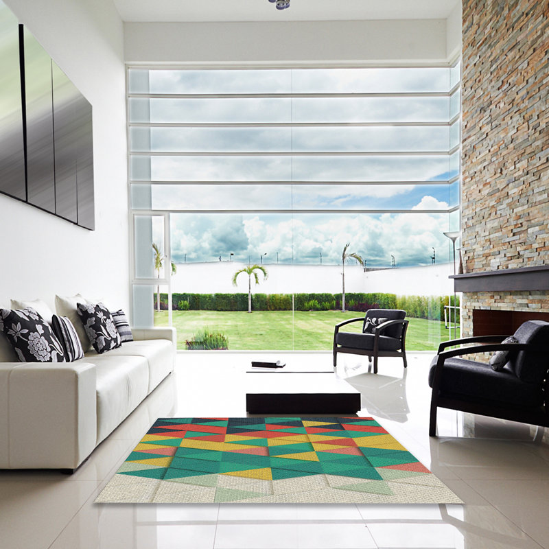 Tapis vert/jaune/crème à motifs, Carré 3 pi