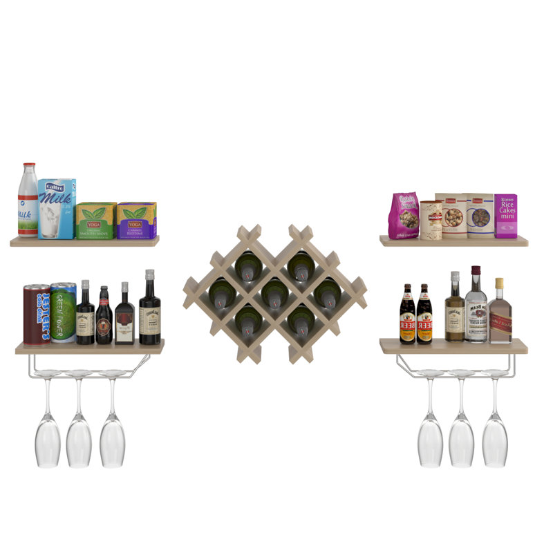 Berwaldt 7 Bottle Wall Mounted Wine Bottle & Glass Rack, Natural