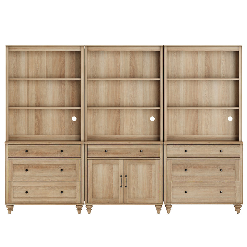Bibliothèque à 3 niveaux H 72,1 "x l 101,6" avec 7 tiroirs et 2 portes, ensemble de 3 bibliothèques pour le salon, la chambre, le bureau à domicile, la cuisine, chêne