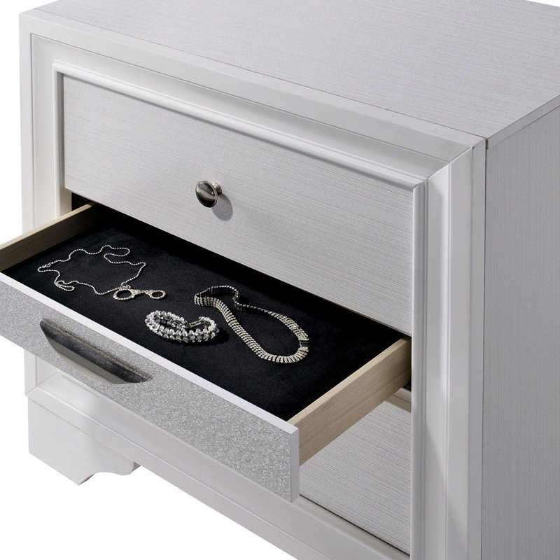 Table de chevet contemporaine 1Pc avec finition blanche et détails argentés, Blanc