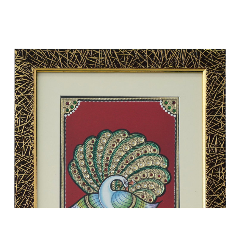 Paon blanc avec travail de pierre | Tanjore, peinture avec cadre | Couleur traditionnelle avec or 24 carats
