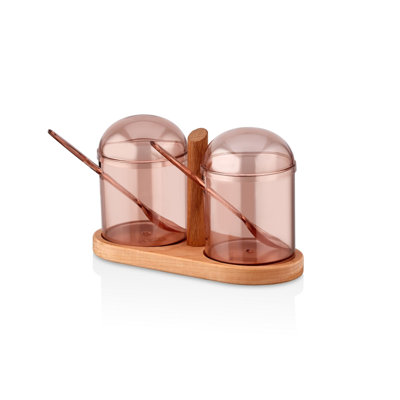 Spice Jar & Kitchen Shelf Set (3 Pieces), BPA Free Plastic Jars (2 x 9.8 oz) & Wooden Stand, 7 x 3.1 x 4.3 inches | Dishwasher Safe, Light Brown | Perfect for Organizing Spices in Modern Kitchens