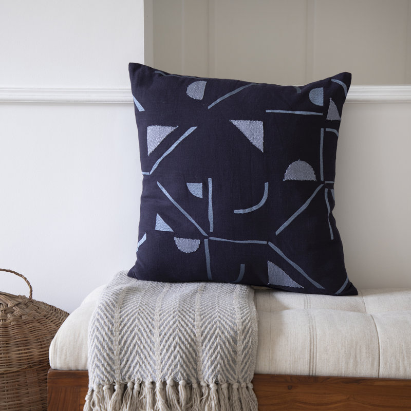 Denim Blue Embroidered Cotton Blend Square Throw Pillow