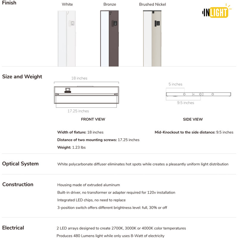 Éclairage sous le meuble à DEL 3 niveaux 18 pouces Inlight, câblé ou branché, sélectionnable blanc 2700K / 3000K / 4000K, à intensité variable, finition nickel brossé, IN-0210-2-SN
