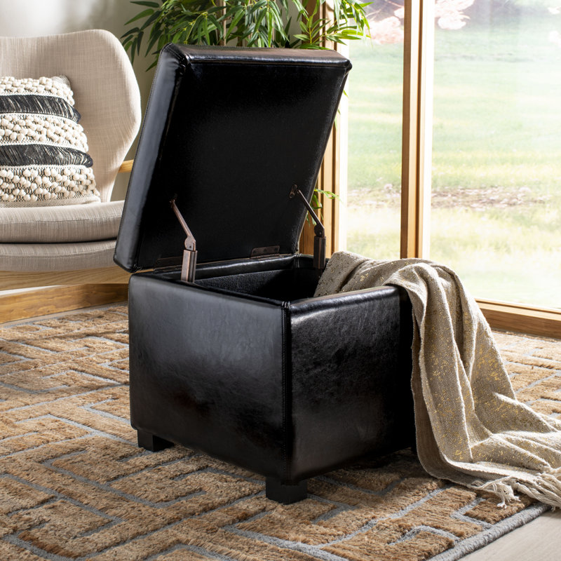 Kamyra Faux Leather Ottoman, Black Faux Leather