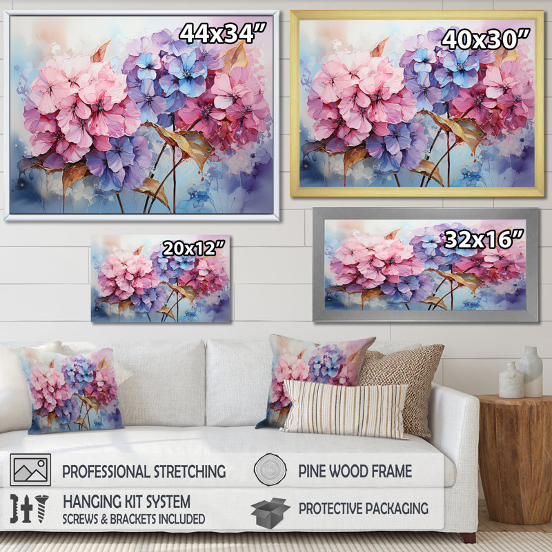 Collage moderne d'hortensias roses et mauves, Cadre flottant doré, 30" H x 40" W