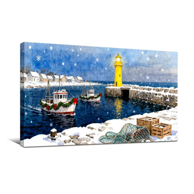 Christmas Winter Harbor Scene With Lighthouse And Boats