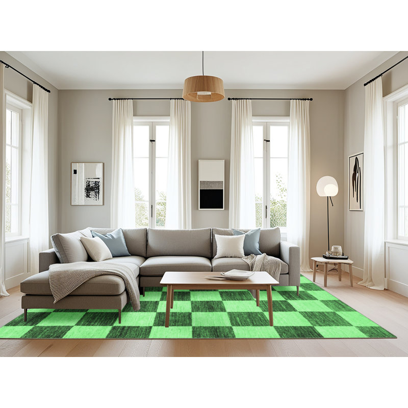 Tapis à carreaux en laine / polyester tissé à la machine en vert / vert foncé, Rectangle 8 pi x 12 pi
