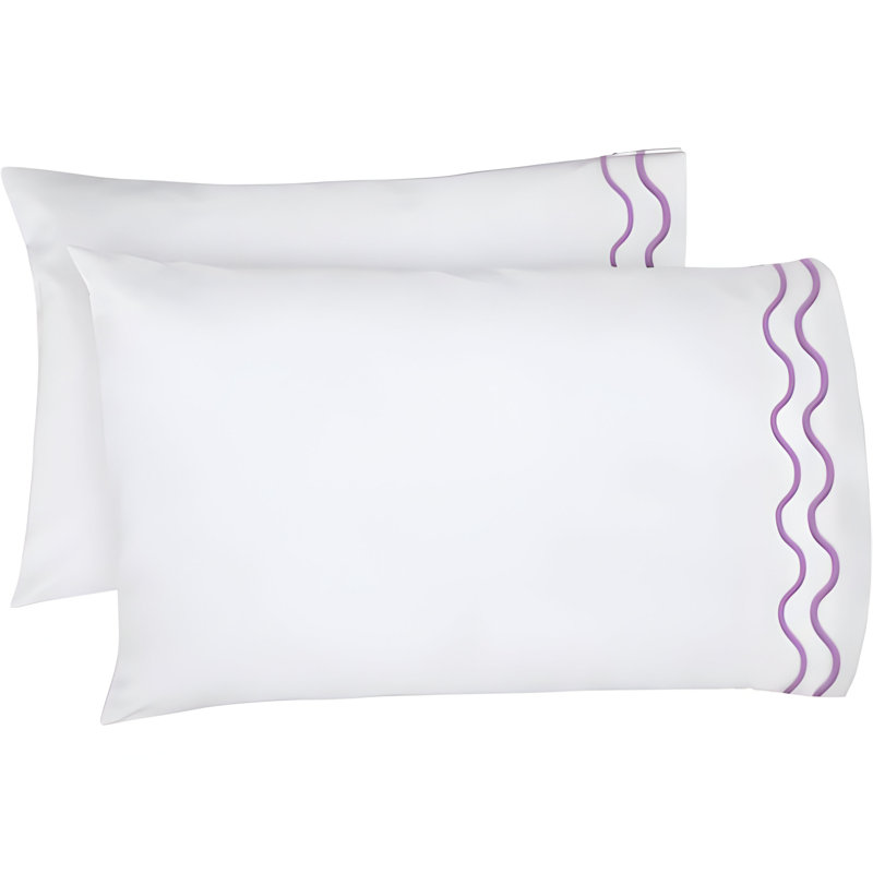 400TC Double Wavy Embroidered Cotton Pillowcases (Set Of 2), White/Lilac, 20"H x 36"W