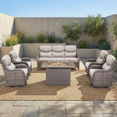 Beaulah 6-Piece All Weather Wicker Rattan Patio Rectangle Fire Pit Table Conversation Set With 4 Swivel Gliders