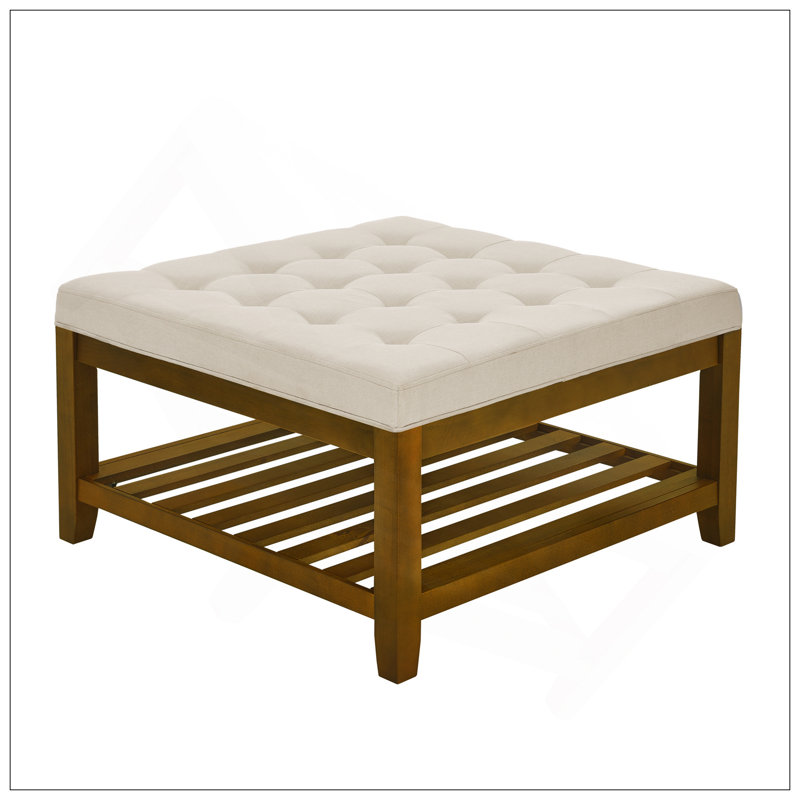 Grande table basse avec repose-pieds rembourré en lin capitonné avec tablette et cadre en bois de hêtre, repose-pieds surdimensionné pour salon, bureau, chambre à coucher, extérieur IVOIRE