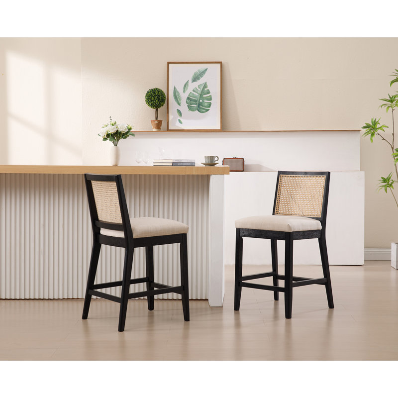 Rustic-Chic Counter Stools With Wicker Backrests And Wide Seats For Kitchen Islands And Bar Counters Set Of 2