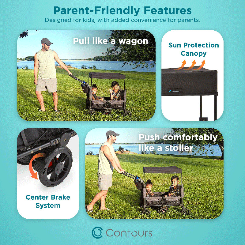 Contours Curve 360 Stroller Wagon for 2 Kids, Infant Car Seat Compatibility, Zero Turn Radius, Lightweight Foldable Push-pull Collapsible Wagon Cart for Garden, Stroller, Camping, Grocery Cart
