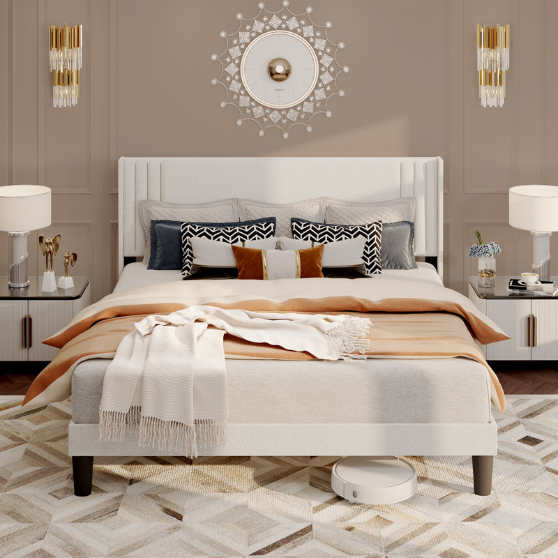 Bettyjean Wingback Platform Bed: Wood & Metal Frame + Underbed Storage, Full, White