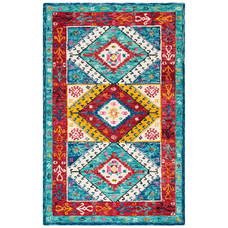 Farmingville Hand Tufted Wool/Cotton Southwestern Rug in Blue/Rust, Rectangle 6' x 9'