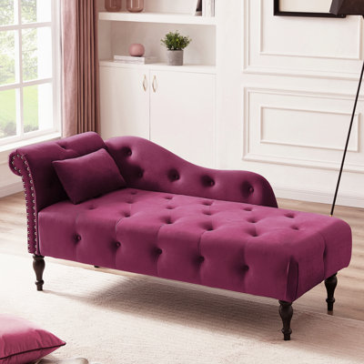 60.6" Velvet Chaise Lounge In Burgundy With Buttons, Nailhead Trim, Solid Wood Legs And A Relaxing - Effect Pillow Smooth Faced