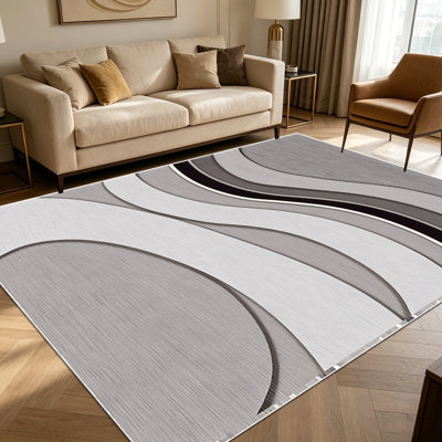 Tapis à motif géométrique abstrait ondulé gris neutre de 1 pièce pour le salon, doux et confortable, convenant à toutes les saisons, facile à entretenir, lavable à la machine, tapis de dessous de table convenant à la salle à manger, la chambre à coucher,