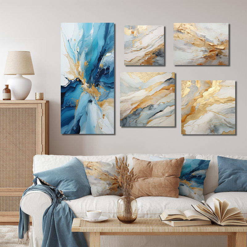 «Blue and White Glacier Charm II - Abstract Collages», ensemble d'art mural sur toile, Toile tendue