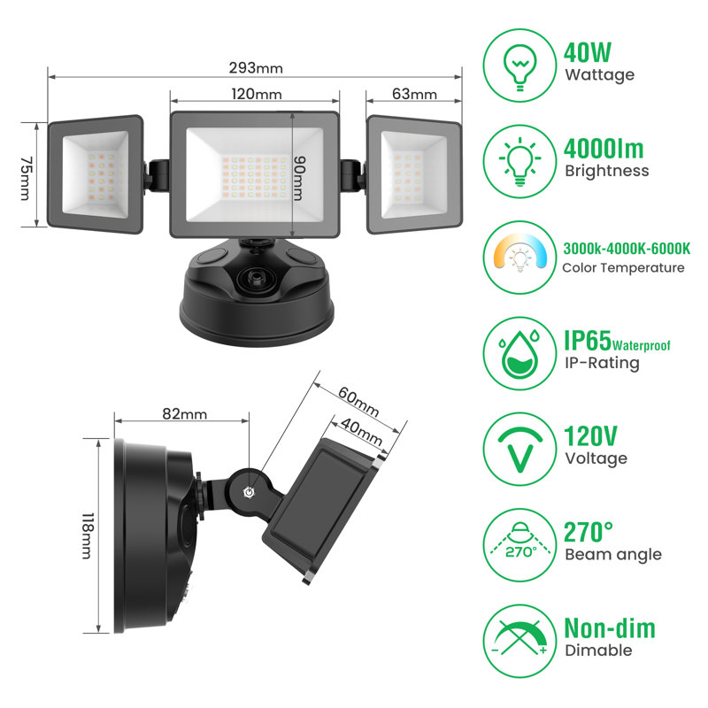 Black Adjustable Triple Head LED Outdoor Security Flood Light
