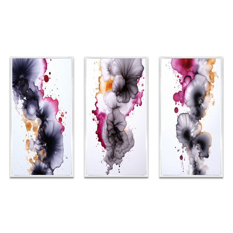 Delicate Fluidity Magenta And Gold Ink Clouds IV - Abstract Painting Art Set Of 3 Pieces, Cadre blanc, H 32 po x l 48 po