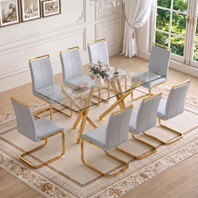 Modern Rectangular Glass Dining Set with Geometric Frame and Cantilever Chairs