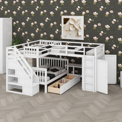 L-Shaped Bunk Bed With Built-In Drawers, Desk, And Wardrobe