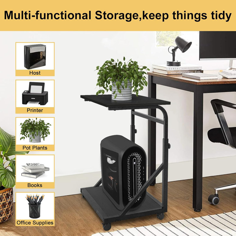 2-Tier Adjustable Height Computer Tower Stand With Lockable Wheels, Mobile PC Workstation For Home Office, Multifunctional CPU Holder With Storage Space