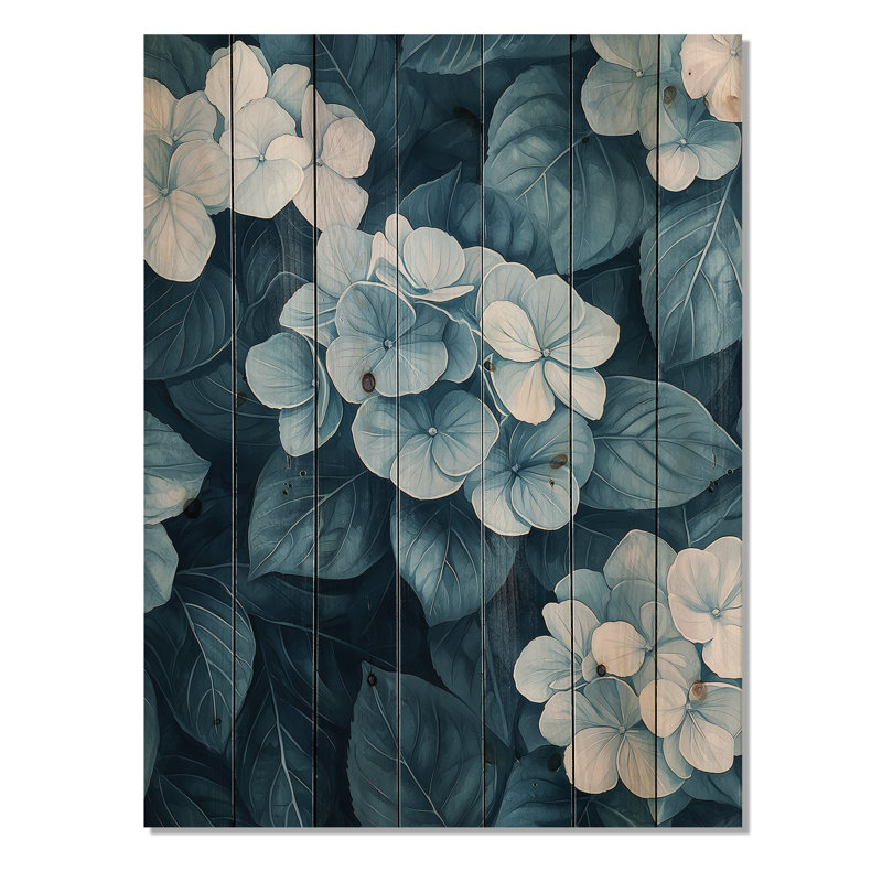 Motif d'amas hortensias monochromes II - décoration murale en bois d'hortensias - sur bois de pin naturel