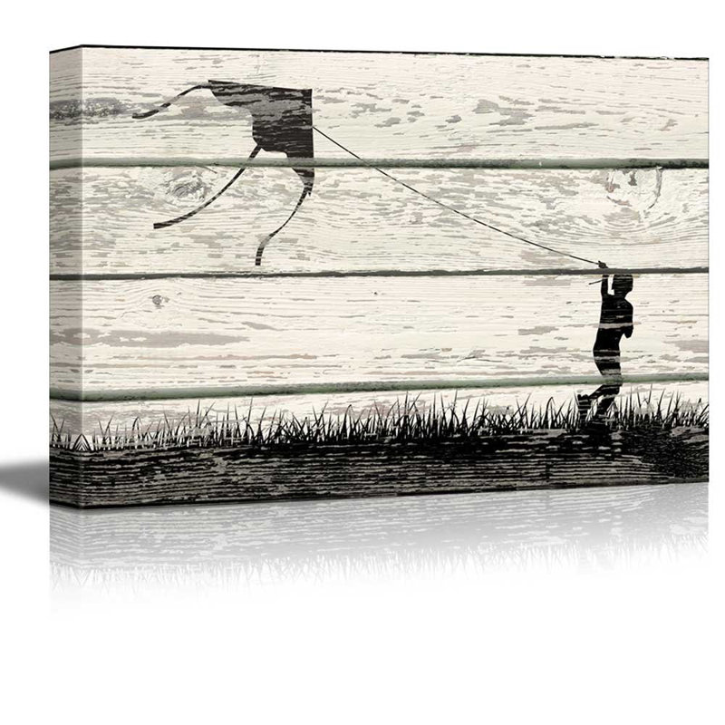 "Garçon volant un cerf-volant à Silhouett Artworke Rustic Home Art", H 12 po x l 18 po