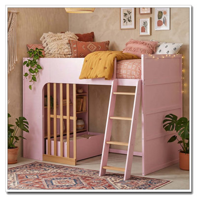 Lit mezzanine avec tablettes, lit mezzanine en bois avec échelle et tablettes de rangement
