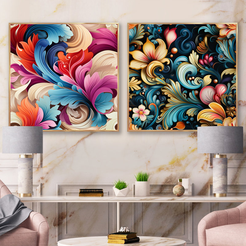 Royston - Ensemble de 2 collages floraux et botaniques carrés, H 16 po x l 33 po, Cadre flottant doré