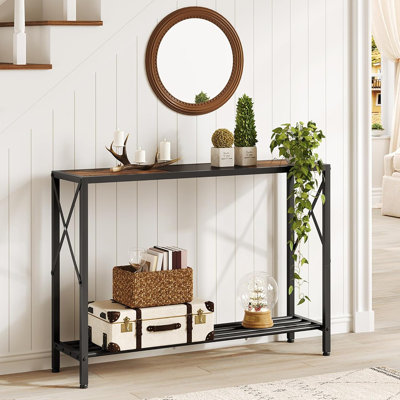 Table de canapé d'entrée étroite avec tablettes, couloir, salon, vestibule, couloir, bureau, brun rustique et noir