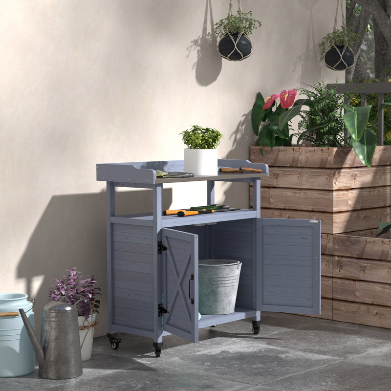 Banc de rempotage extérieur, table de rempotage en bois avec armoire de rangement